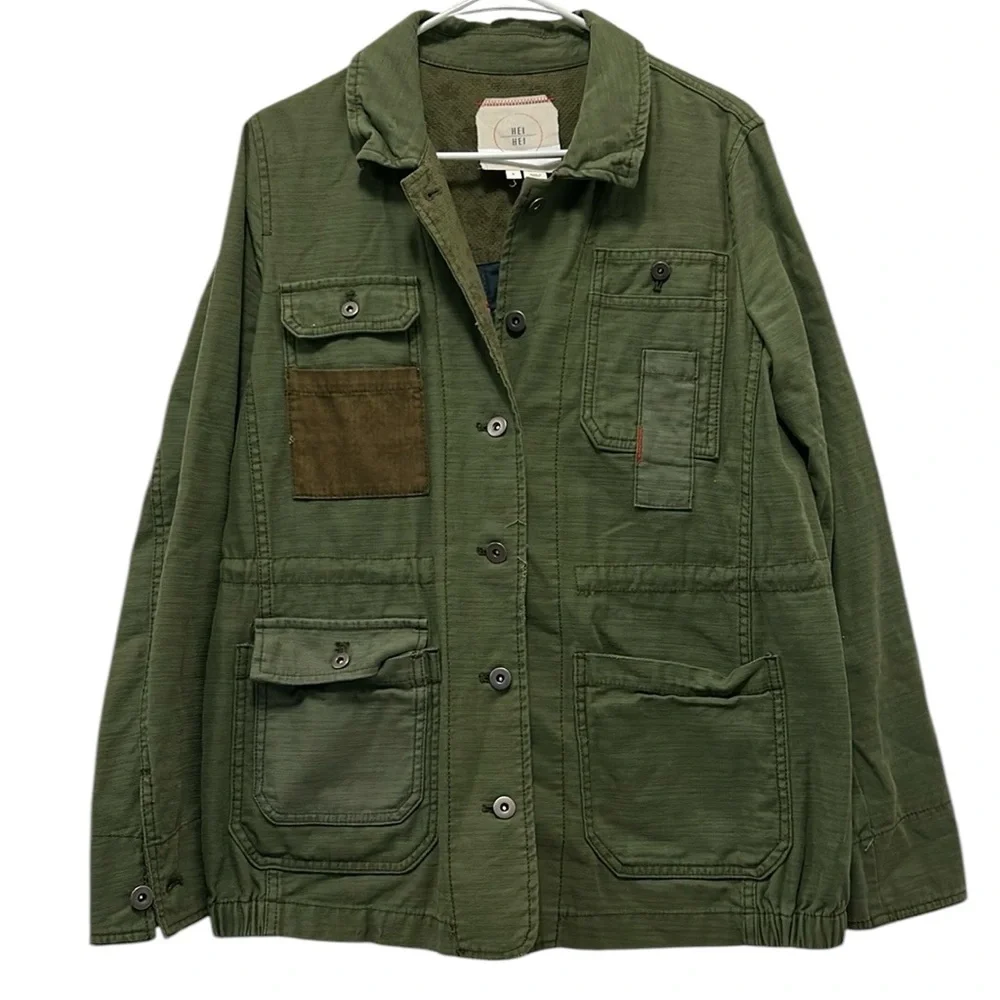 Anthropologie Hei Hei Boho Patchwork Army Green Utility Jacket - Picture 2 of 6